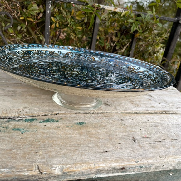 Antiqued Blue Silver Foil Embossed Glass Cake platter - Picture 6 of 16